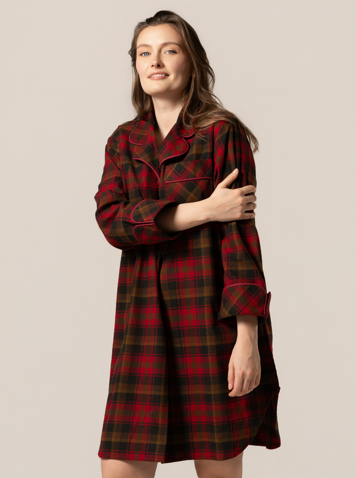 1001 / Woman's Knee Length Flannel Nightshirt in Maple Leaf Tartan Made In Canada