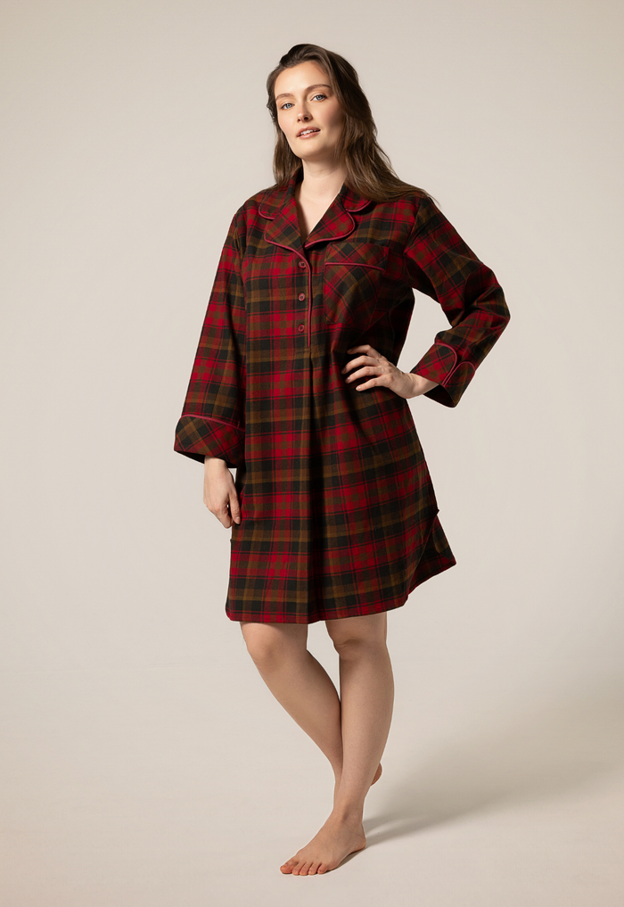 1001 / Woman's Knee Length Flannel Nightshirt in Maple Leaf Tartan Made In Canada