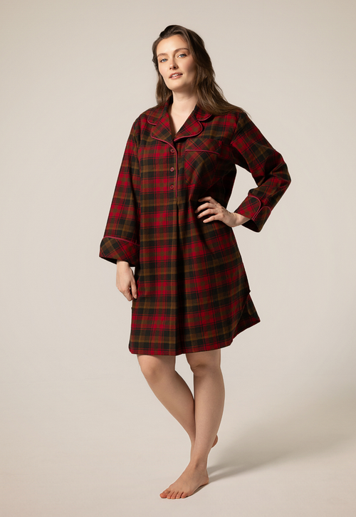 1001 / Woman's Knee Length Flannel Nightshirt in Maple Leaf Tartan Made In Canada