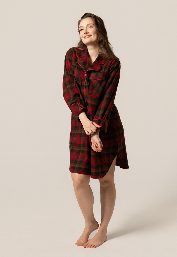 1001 / Woman's Knee Length Flannel Nightshirt in Maple Leaf Tartan Made In Canada
