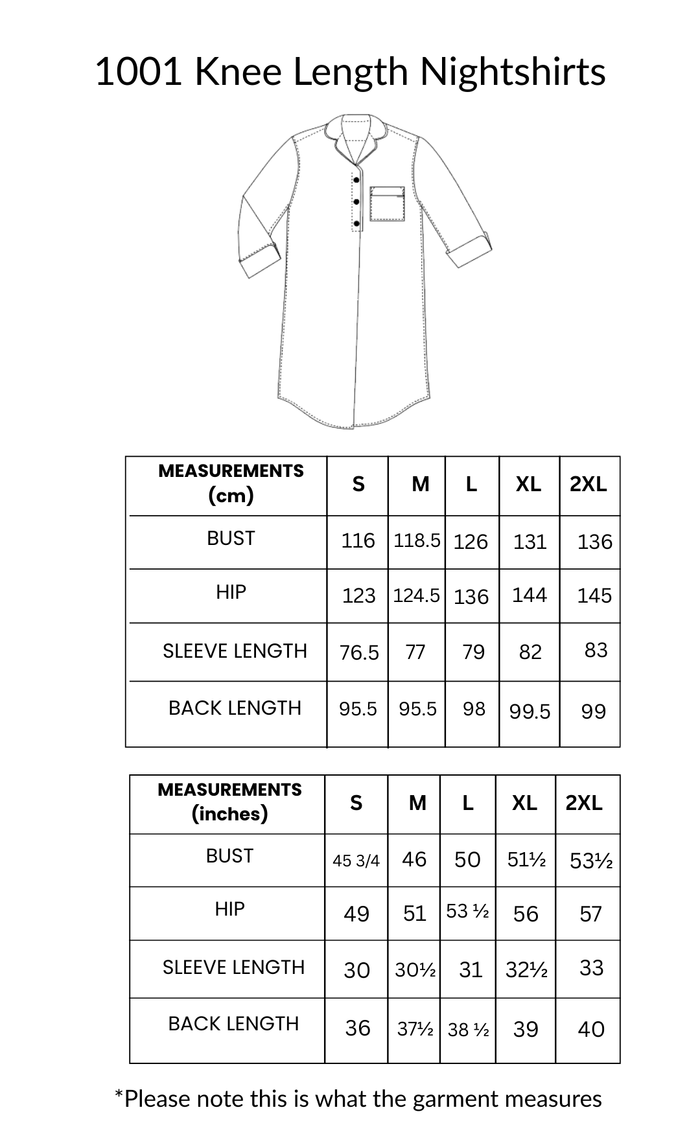 Measurement chart for 1001 Knee Length Nightshirts with bust, hip, sleeve, and back length measurements.