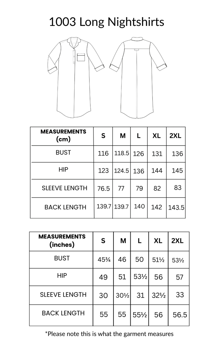 Measurement chart for 1003 Long Nightshirts with bust, hip, sleeve length, and back length dimensions.
