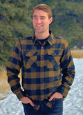 Black and Brown Buffalo Check Flannel Shirt outside in the snow. The shoulder is cut wider, the hip is cut narrower.. the sleeves will always be longer! 60% Cotton / 40% Polyester, brushed slightly on both sides for that "Flannel" feel. Two flap breast pockets. Two button cuff.
Shirttail hemline.