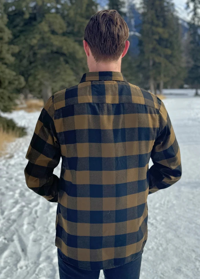 Back view of Mens Black and Brown Buffalo Check flannel shirt