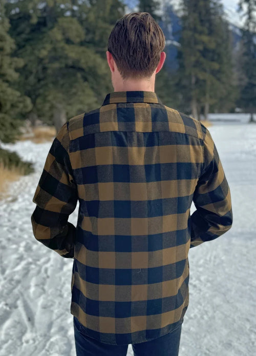 Back view of Mens Black and Brown Buffalo Check flannel shirt