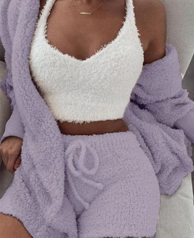 3Pcs Womens Clothing Long Sleeve Crop Tank Top and Drawstring Short Pajama Set