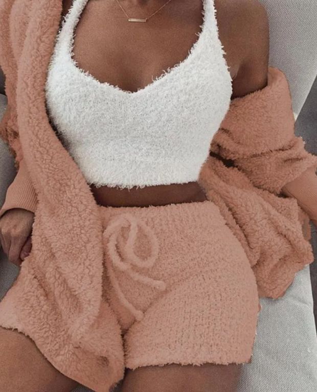 3Pcs Womens Clothing Long Sleeve Crop Tank Top and Drawstring Short Pajama Set
