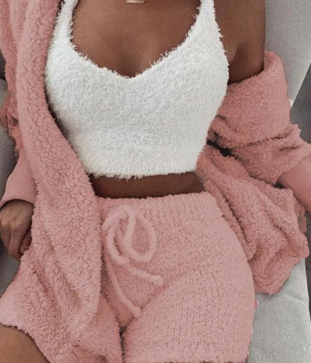 3Pcs Womens Clothing Long Sleeve Crop Tank Top and Drawstring Short Pajama Set