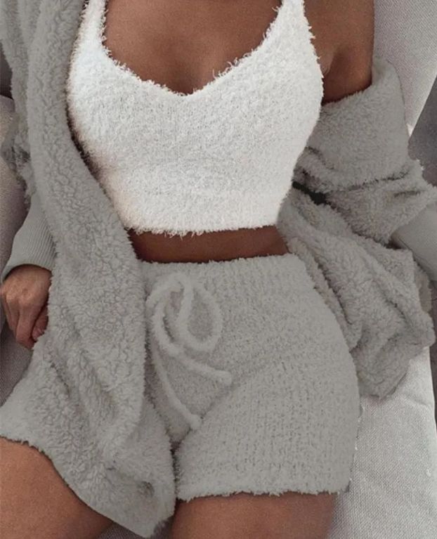3Pcs Womens Clothing Long Sleeve Crop Tank Top and Drawstring Short Pajama Set