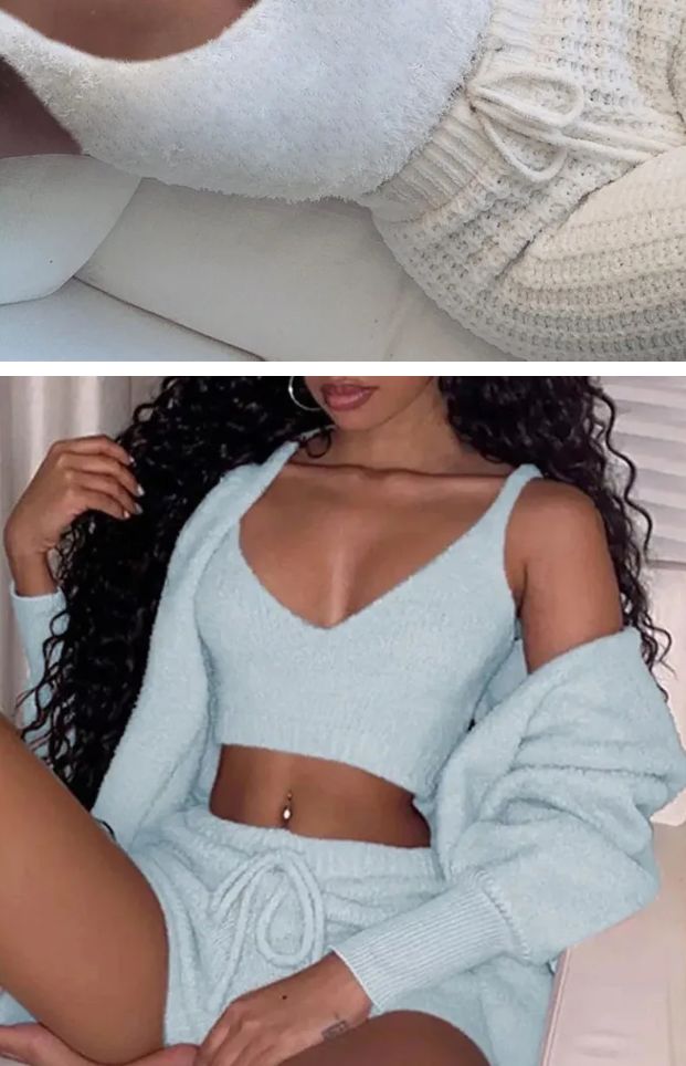 3Pcs Womens Clothing Long Sleeve Crop Tank Top and Drawstring Short Pajama Set