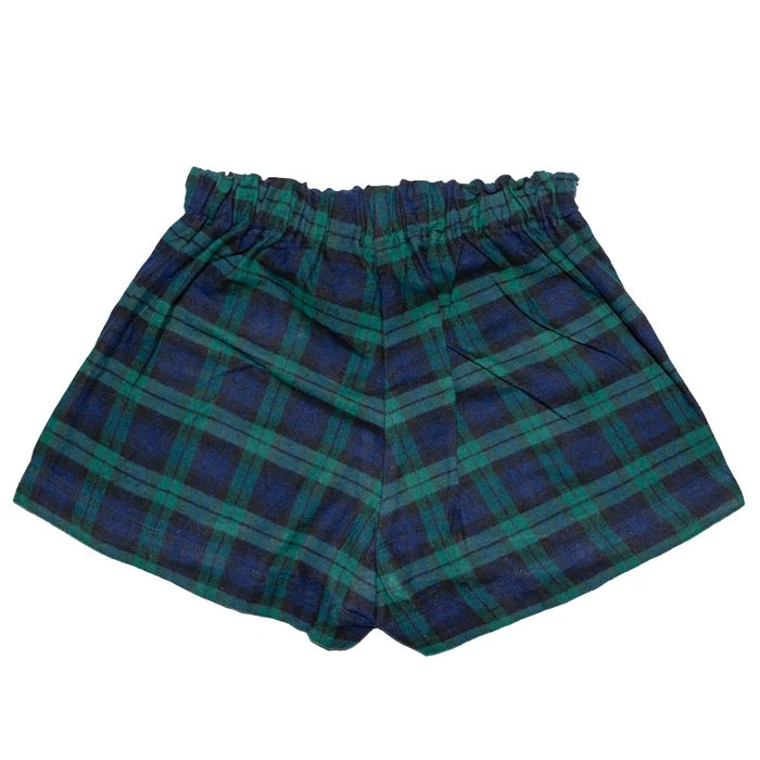 Back view of black watch shorts laid flat on white background.