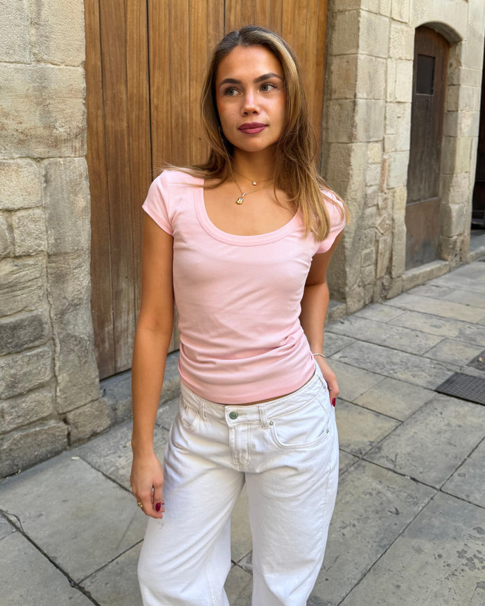 THEA KORTÆRMET T-SHIRT - LT PINK
