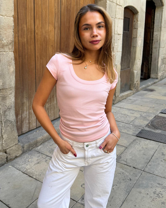 THEA KORTÆRMET T-SHIRT - LT PINK