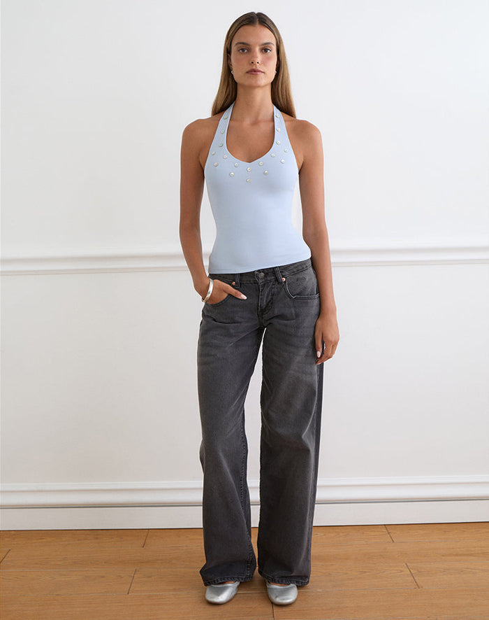 Image of Amita Top with Pearl Buttons in Rib Knit Dusty Blue