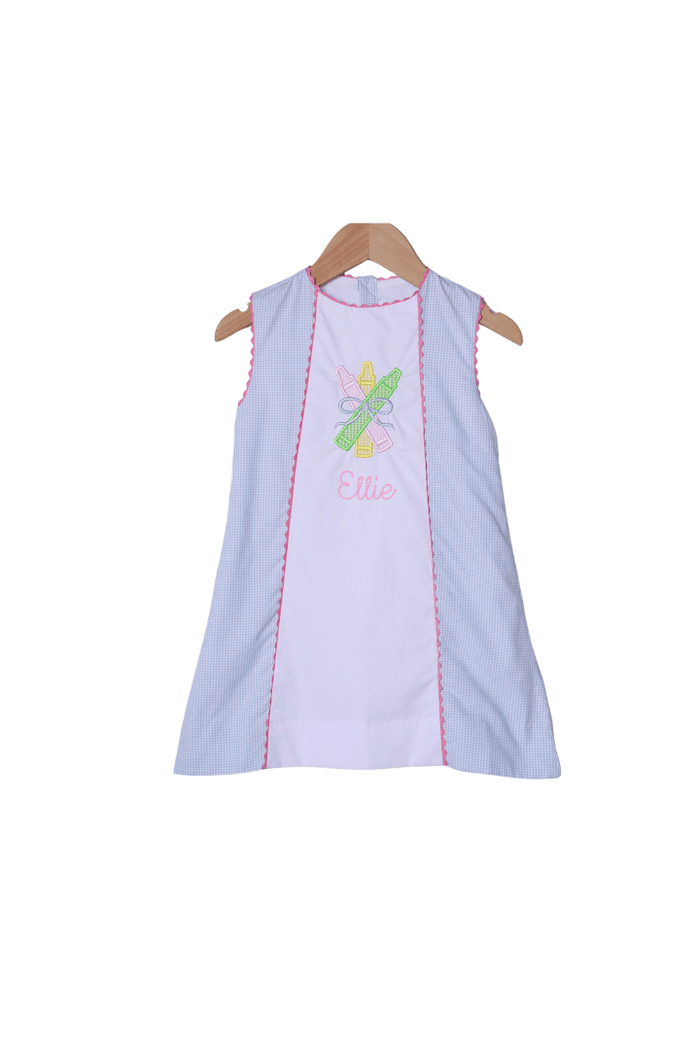The Smocked Flamingo Apparel & Accessories Applique Crayon Blue Gingham Dress