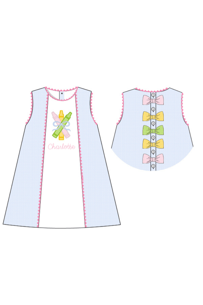 The Smocked Flamingo Apparel & Accessories Pre-Order Applique Crayon Blue Gingham Dress