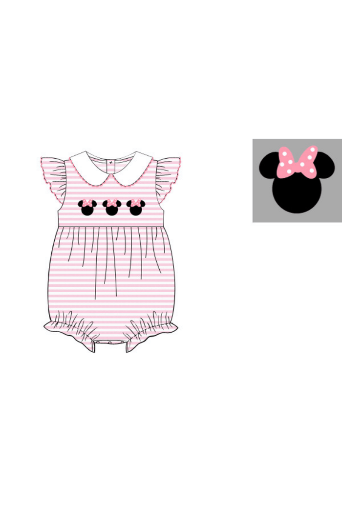 The Smocked Flamingo Apparel & Accessories Pre-Order Applique Mouse Pink Stripe Flutter Sleeve Bubble