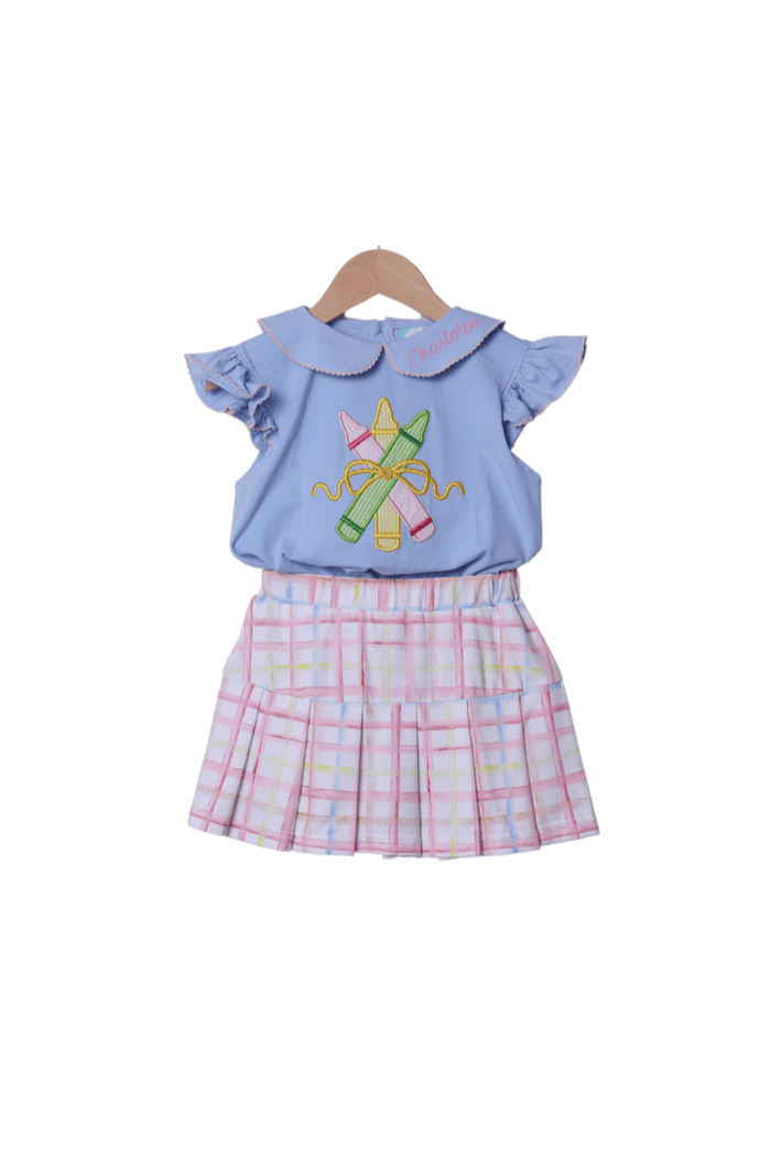 The Smocked Flamingo Apparel & Accessories Applique Pencil Pastel Plaid Skort Set