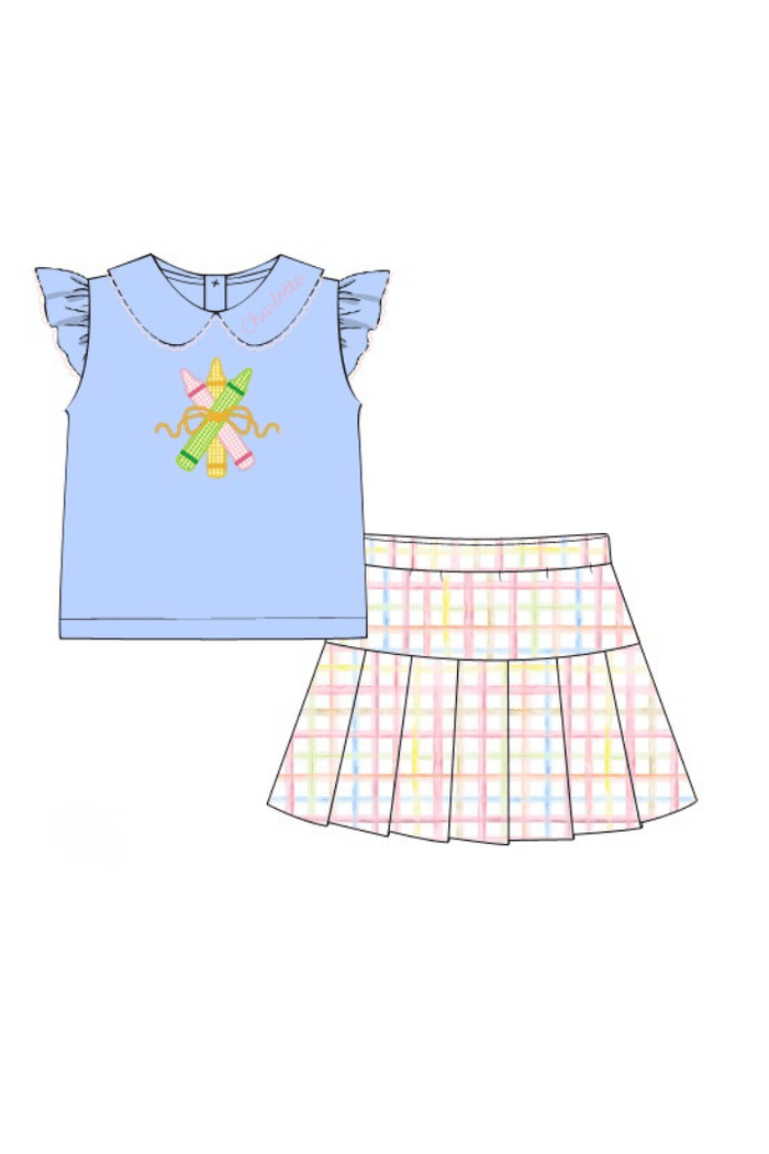 The Smocked Flamingo Apparel & Accessories Pre-Order Applique Pencil Pastel Plaid Skort Set