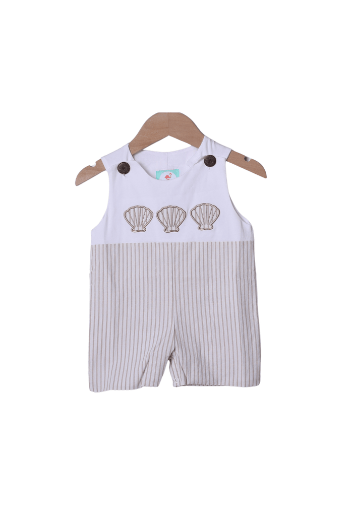 The Smocked Flamingo Apparel & Accessories Applique Sea Shell Khaki Pinstripe Jon Jon