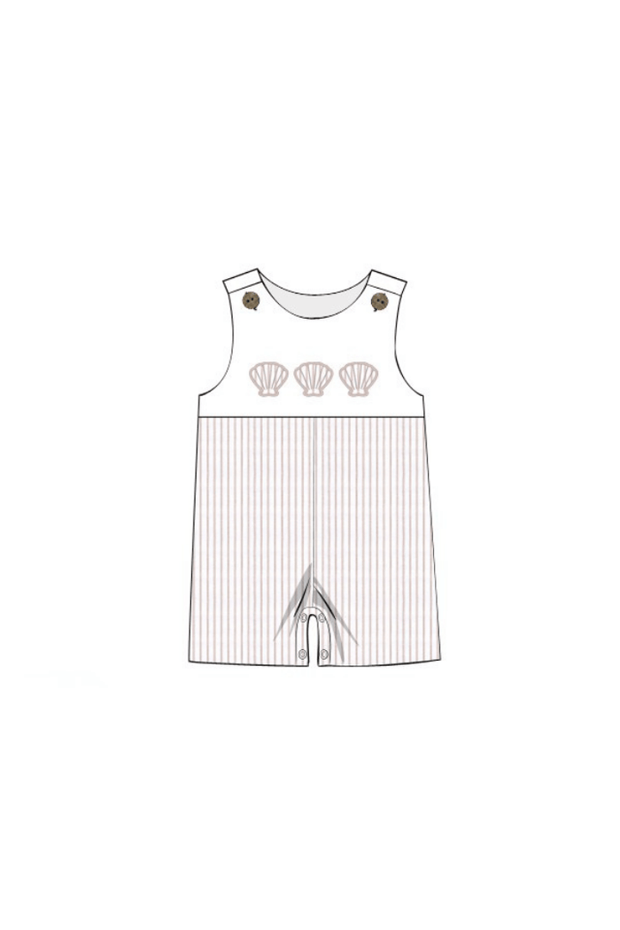 The Smocked Flamingo Apparel & Accessories Pre-Order Applique Sea Shell Khaki Pinstripe Jon Jon