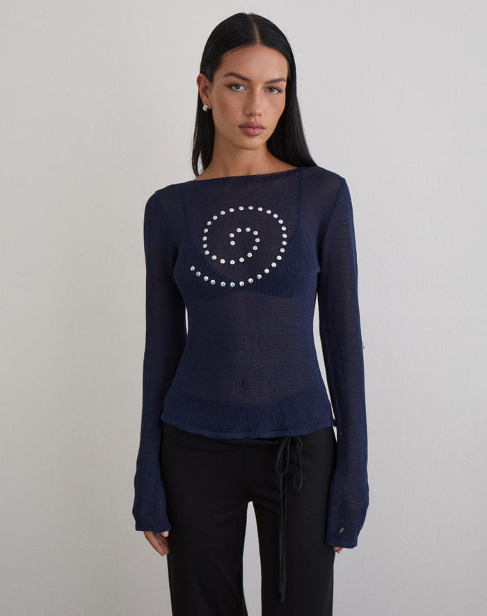 Image of Armali Long Sleeve Top in Stud Sheer Knit Navy