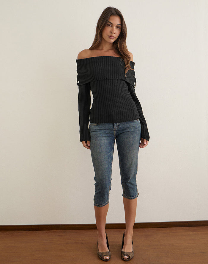 Image of Arsenia Off Shoulder Top in Ribbed Knit Black