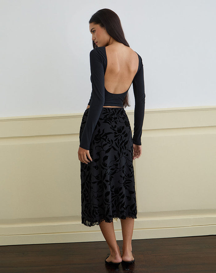 Image of Atira Midi Skirt in Flock Leaf Flower Black