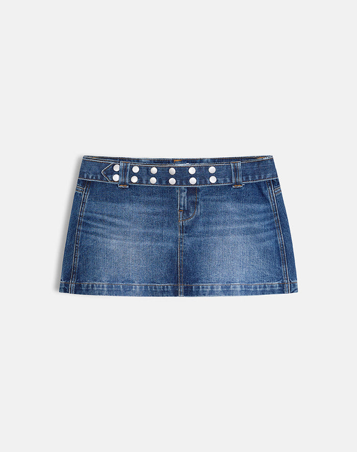 Image of Belted Denim Mini Skirt in Dark Blue