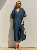 Gray bleached indigo open weave caftan
