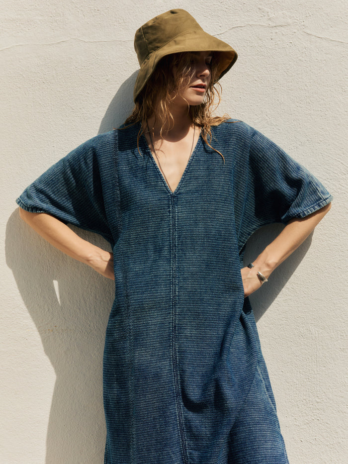 Gray bleached indigo open weave caftan