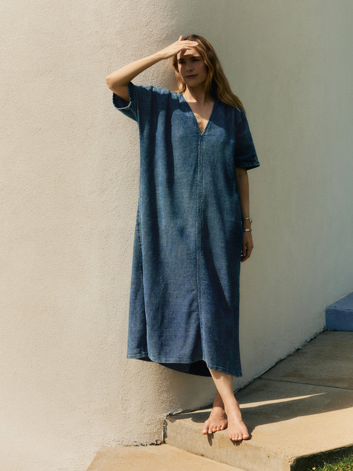 Gray bleached indigo open weave caftan