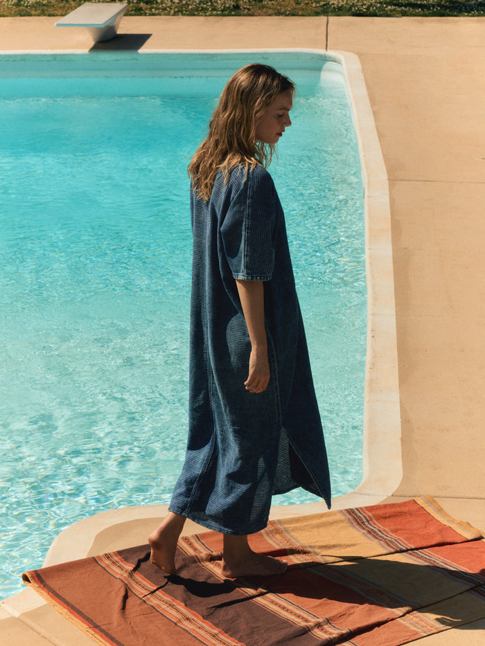 Tan bleached indigo open weave caftan