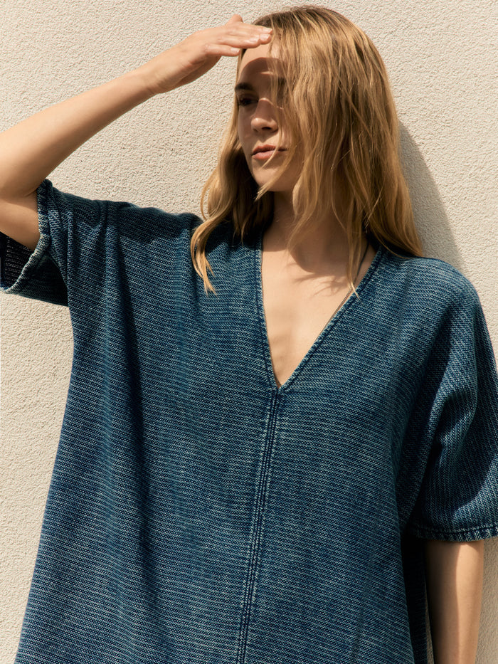 Dark Slate Gray bleached indigo open weave caftan