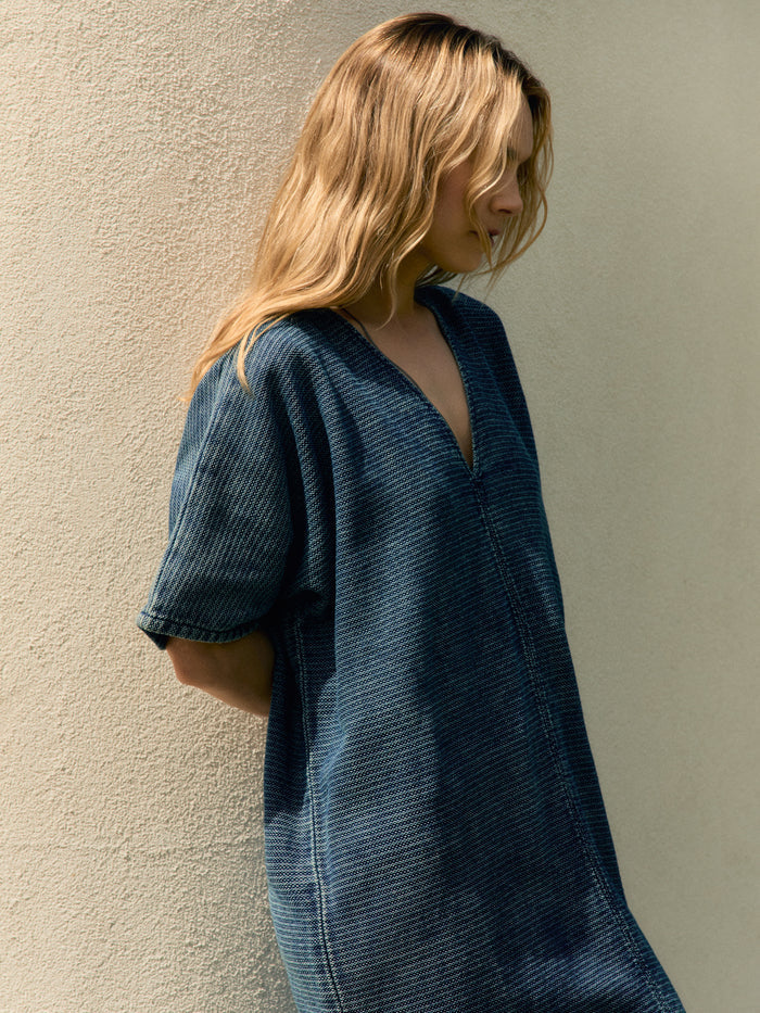 Tan bleached indigo open weave caftan
