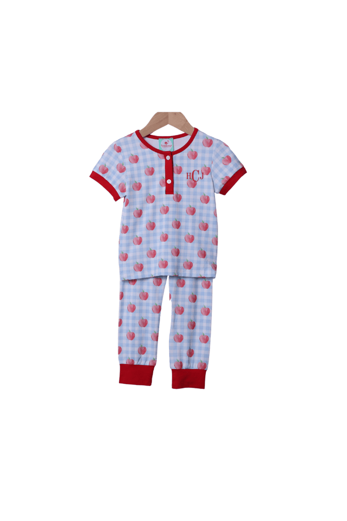 The Smocked Flamingo Apparel & Accessories Blue Gingham Apple Knit Pajamas