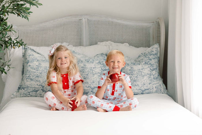The Smocked Flamingo Apparel & Accessories Blue Gingham Apple Knit Pajamas
