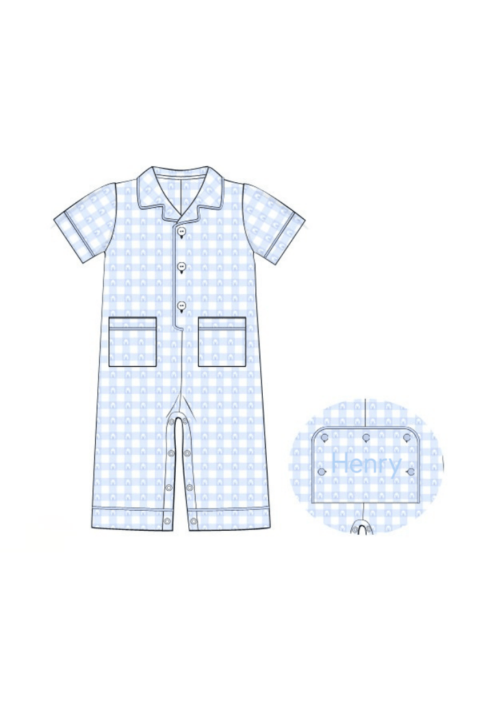 The Smocked Flamingo Apparel & Accessories Pre-Order Blue Gingham Easter Lounge Romper