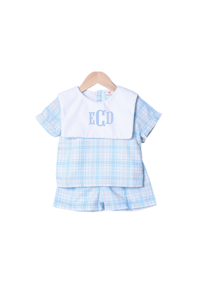 The Smocked Flamingo Apparel & Accessories Blue, Green and Yellow Plaid Bib Short Set