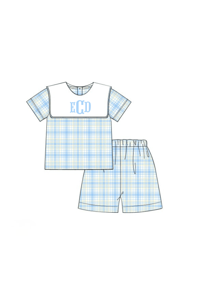 The Smocked Flamingo Apparel & Accessories Pre-Order Blue, Green and Yellow Plaid Bib Short Set