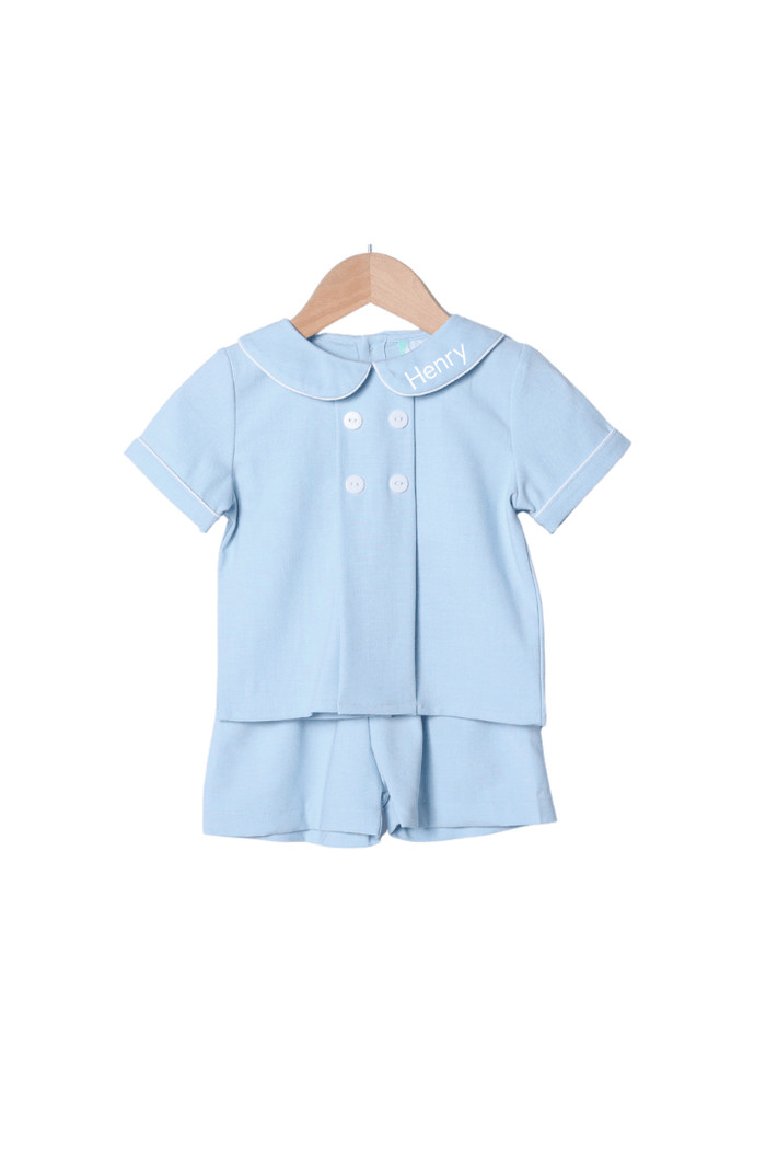 The Smocked Flamingo Apparel & Accessories Blue Linen Button Short Set