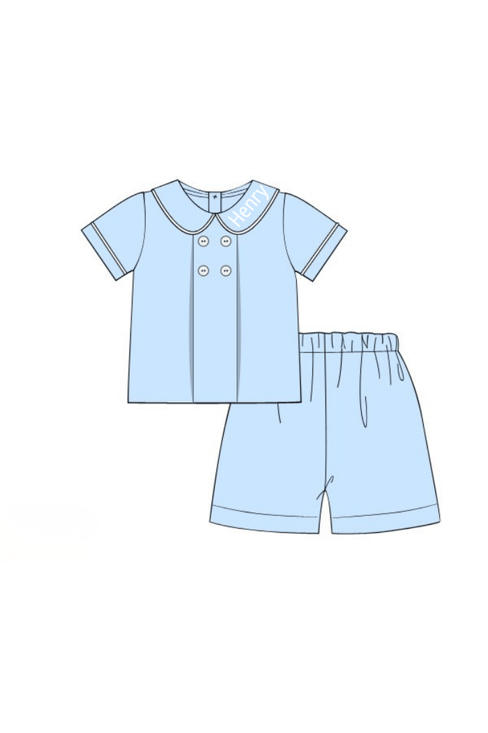 The Smocked Flamingo Apparel & Accessories Pre-Order Blue Linen Button Short Set