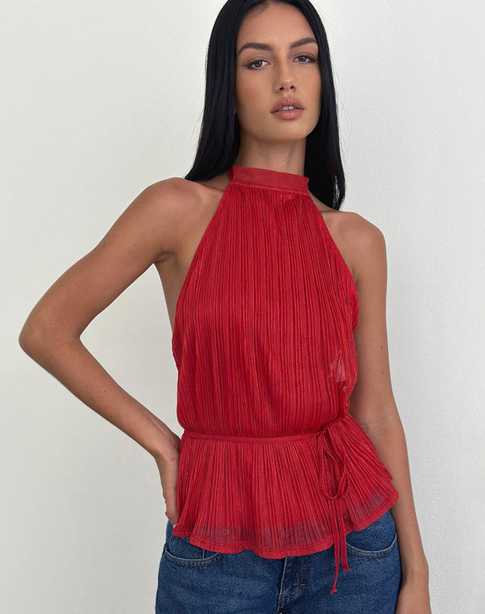 Image of Brienne Top in Shimmer Plisse Red