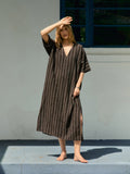 Dark Sea Green brown stripe caftan