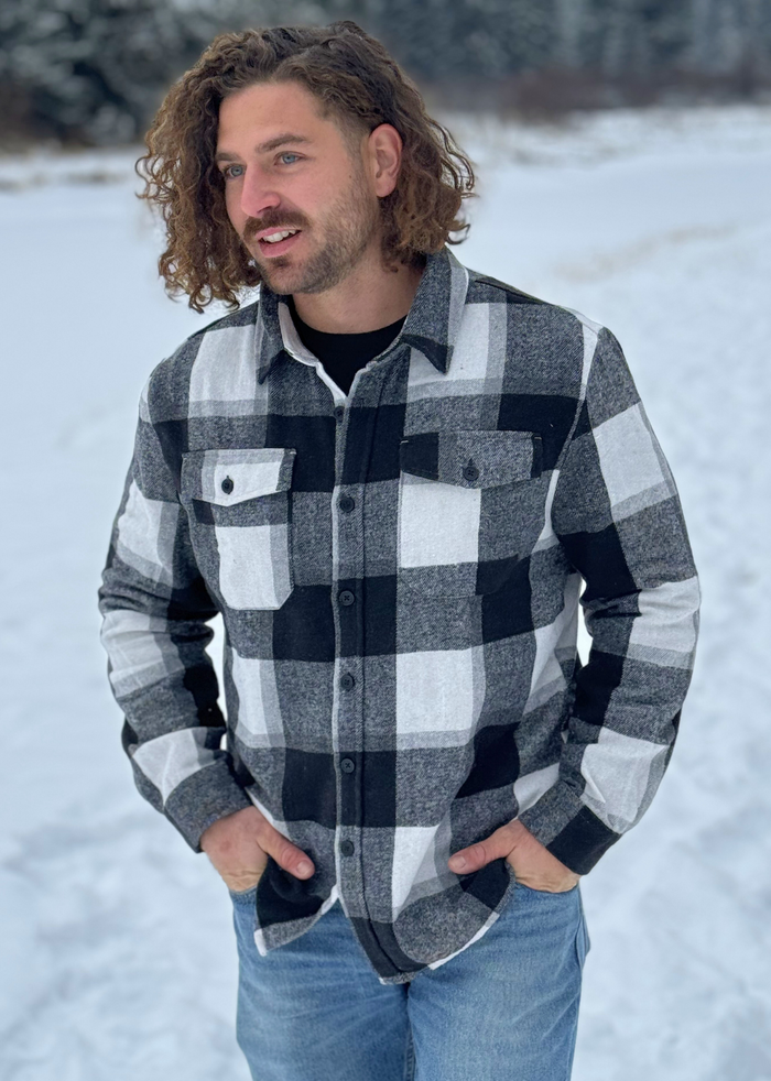 Brush Flannel Shacket /  Black and White Buffalo Check
