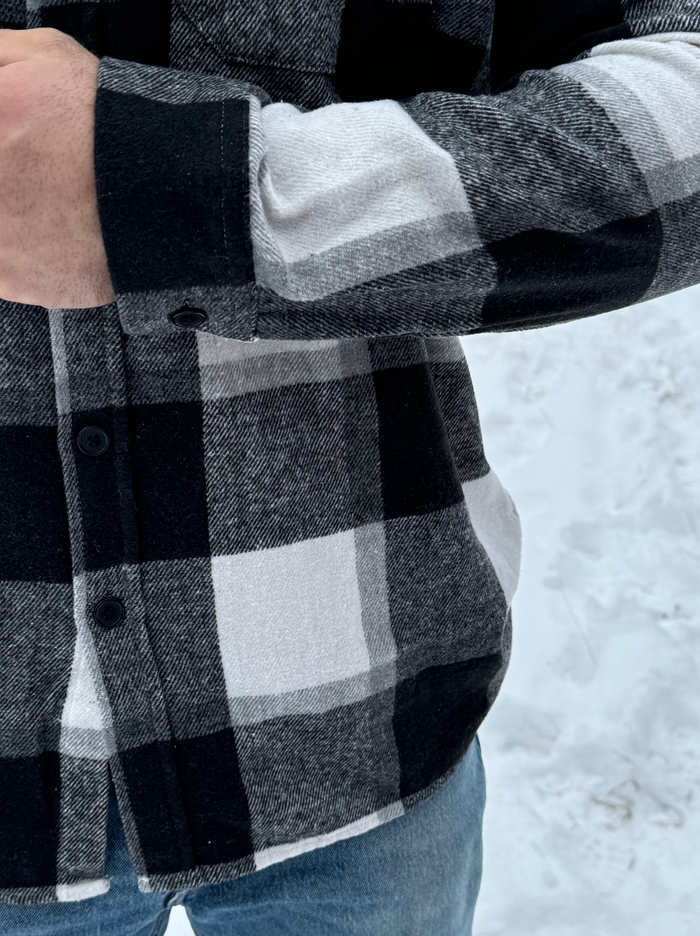 Brush Flannel Shacket /  Black and White Buffalo Check