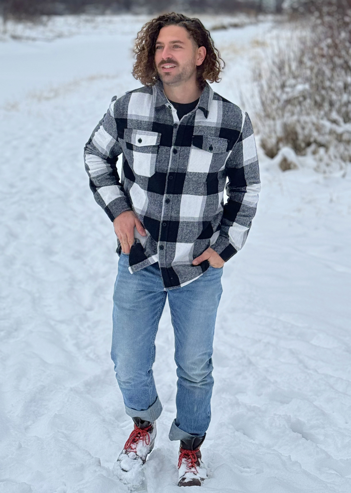 Brush Flannel Shacket /  Black and White Buffalo Check