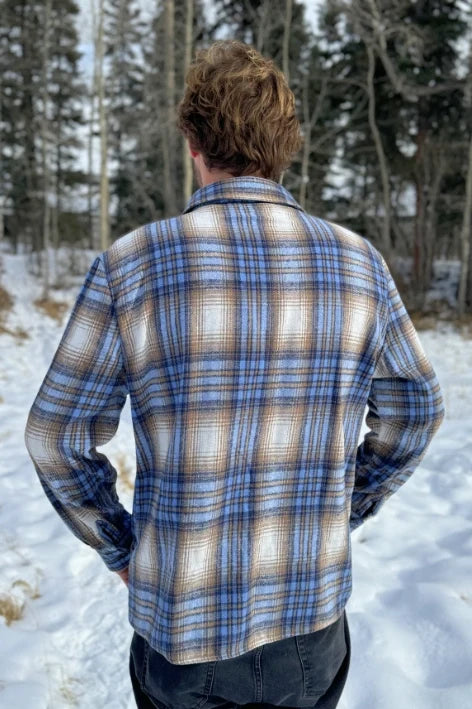 Back view of Brush Flannel Shacket /  Blue & Sand Plaid. Heavier weight. Long line for jacket style.