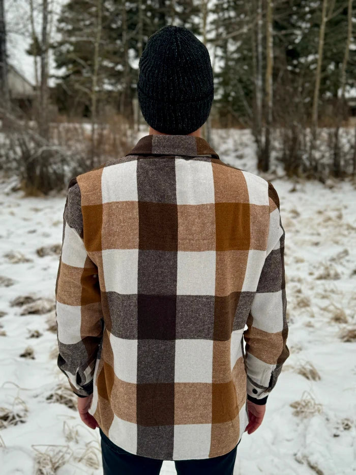 Back view of brown check jacket. The material is 75% polyester / 25% Cotton yarn dyed for that soft feel.