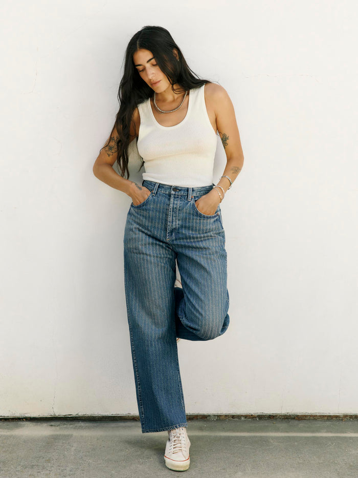 Lavender buckleback jean in washed indigo stripe